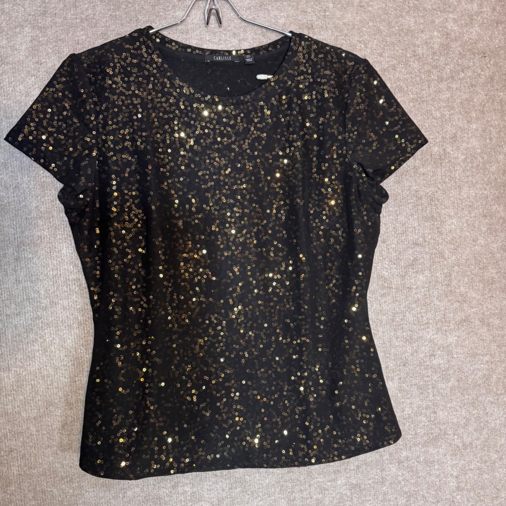 Carlisle Sequin Top Women Large Black Gold Short Sleeve Sparkle Party Glam